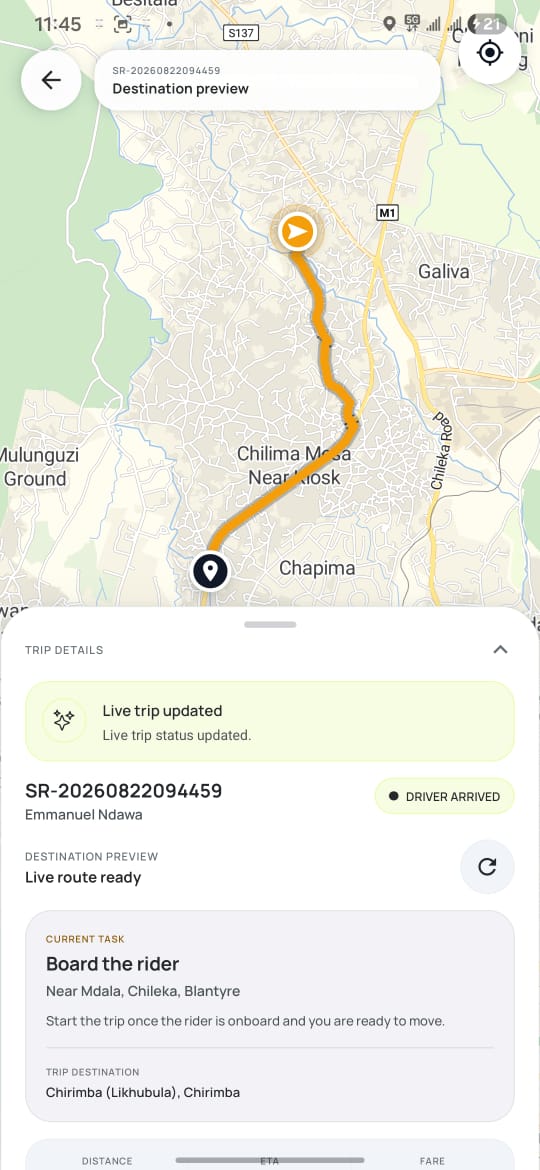 SwiftRide Driver at pickup live trip screen
