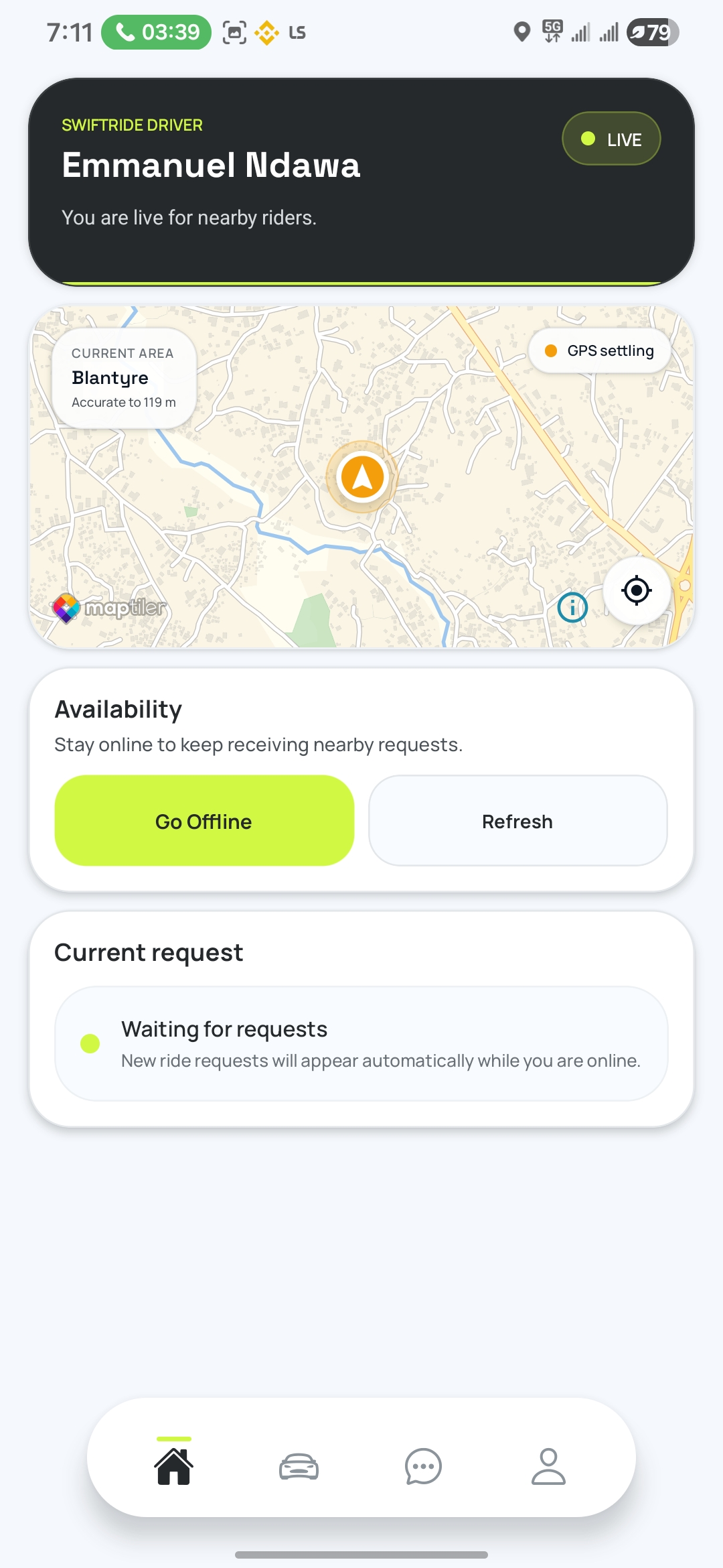 SwiftRide Driver dashboard showing live status, current area, map and availability controls