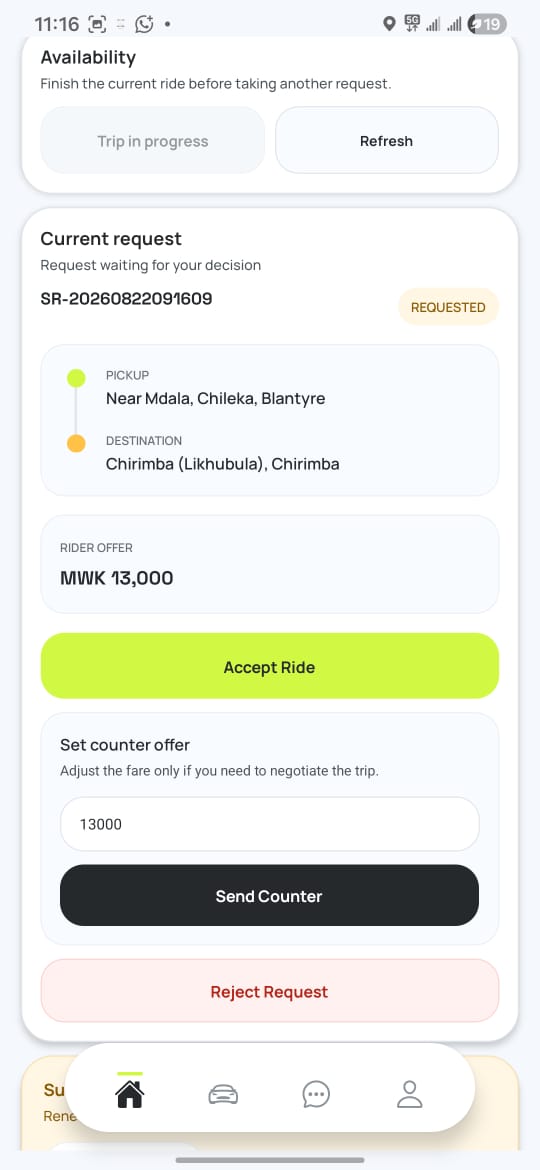 SwiftRide Driver app showing an incoming trip request