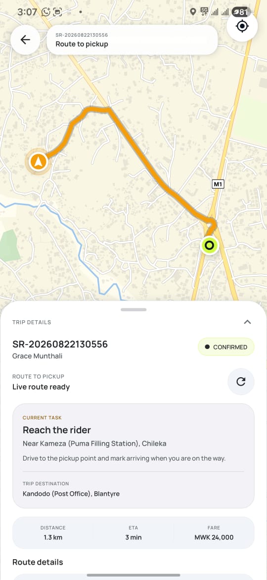 SwiftRide Driver app showing the route to the rider pickup