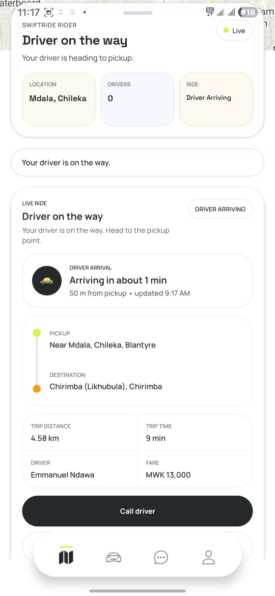 SwiftRide Rider app showing the driver arriving for pickup