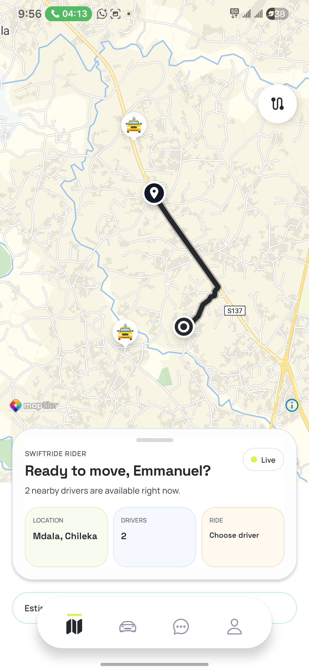 SwiftRide Rider interface with live map, driver discovery and ride planning