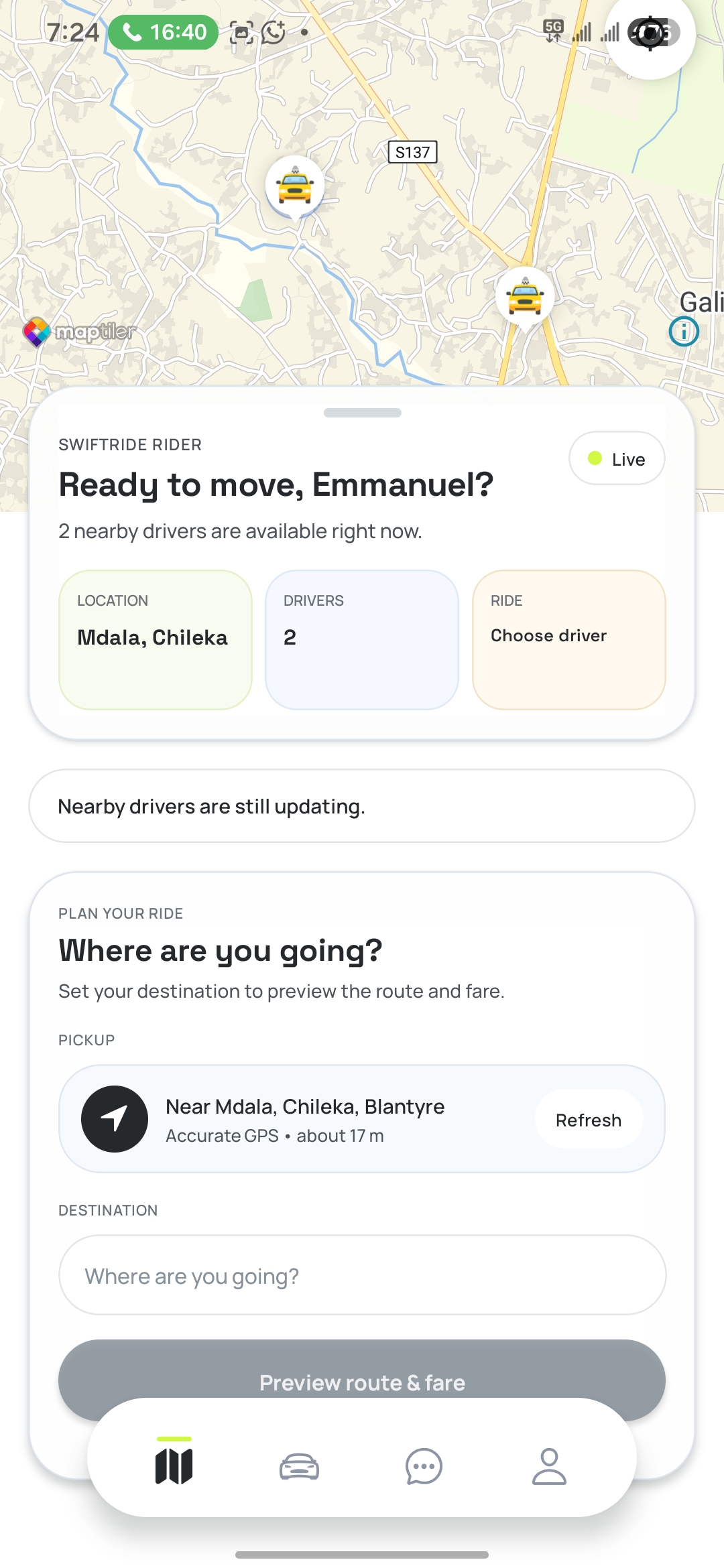 SwiftRide Rider home screen showing nearby drivers, pickup and destination planning