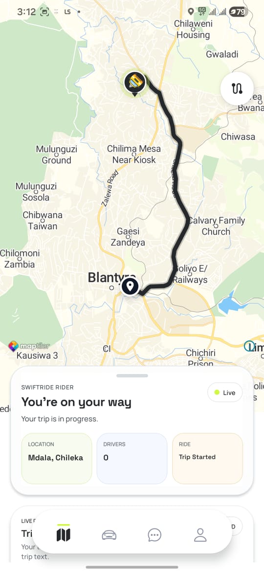 SwiftRide Rider app showing the route to the destination