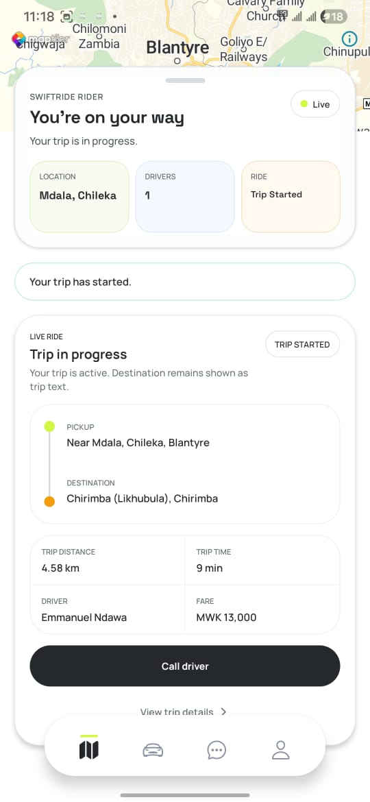 SwiftRide Rider app showing active trip context