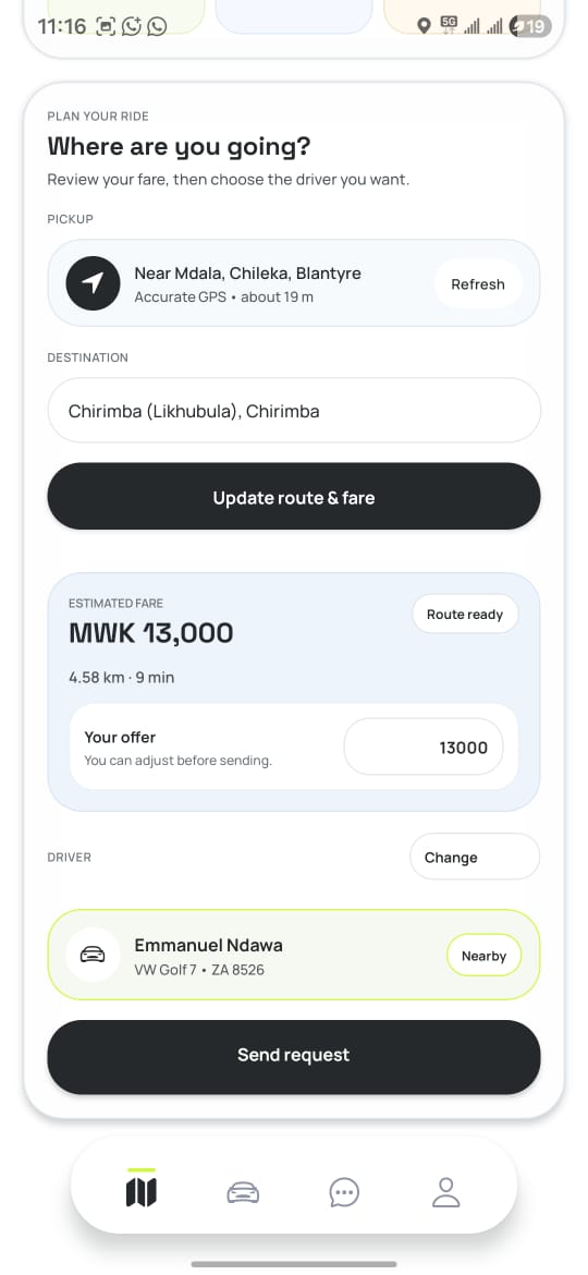 SwiftRide Rider app preparing a trip